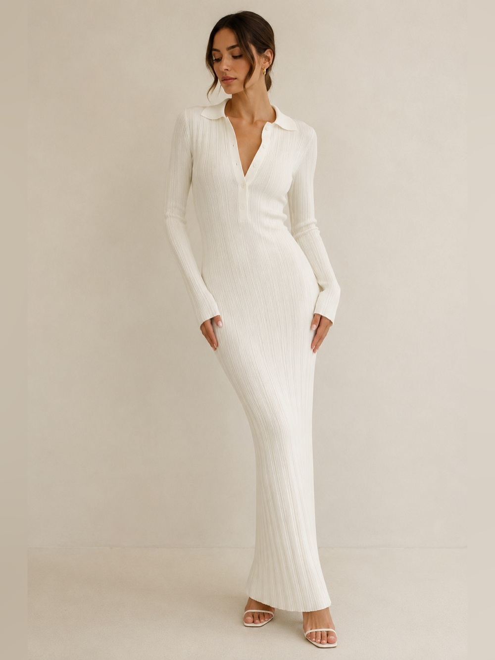SER.O.YA Ivory Ribbed Knit Collared Long Sleeve Maxi Dress US S